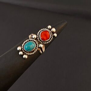 Southwestern Turquoise & Red Coral Stone Sterling Silver Ring
